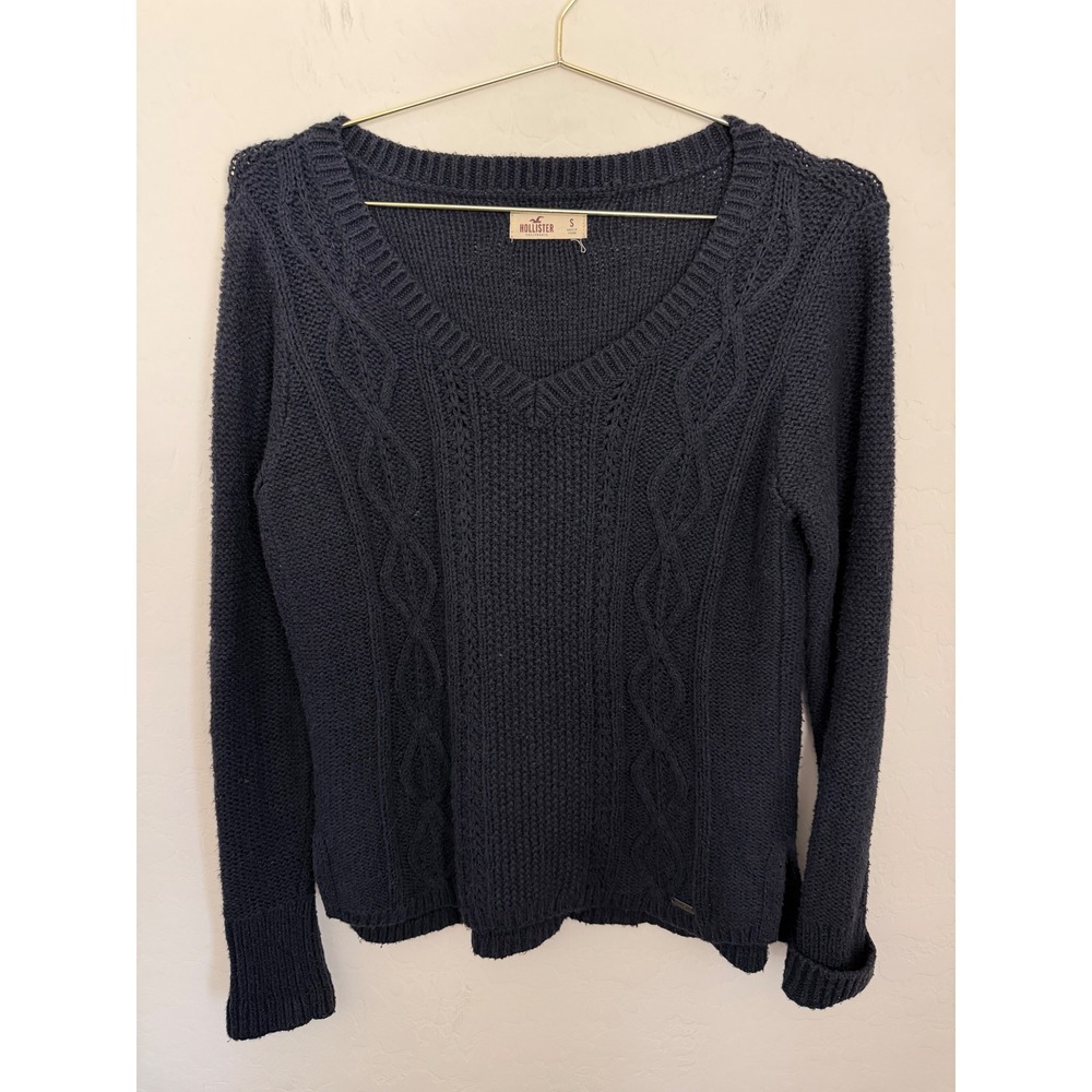 Hollister California Navy Blue Cable Knit V-Neck Sweater Womens Small Pullover